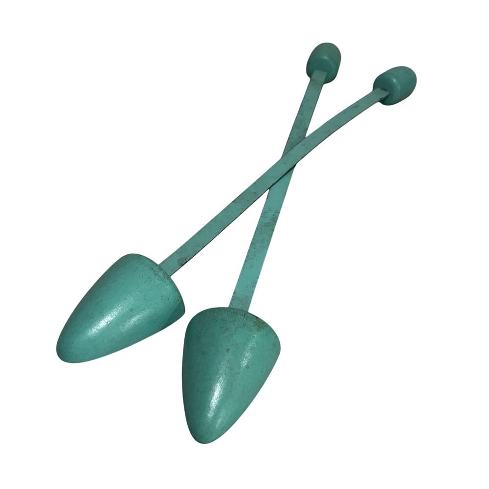 Vintage shoe trees or stretchers flexible metal and blue painted wood PAIR